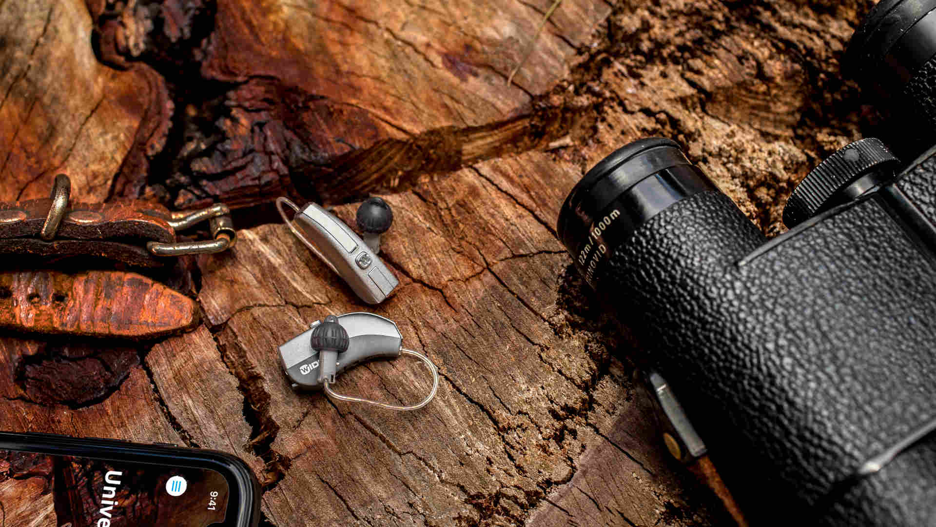 Evoke hearing aids on stump in forest